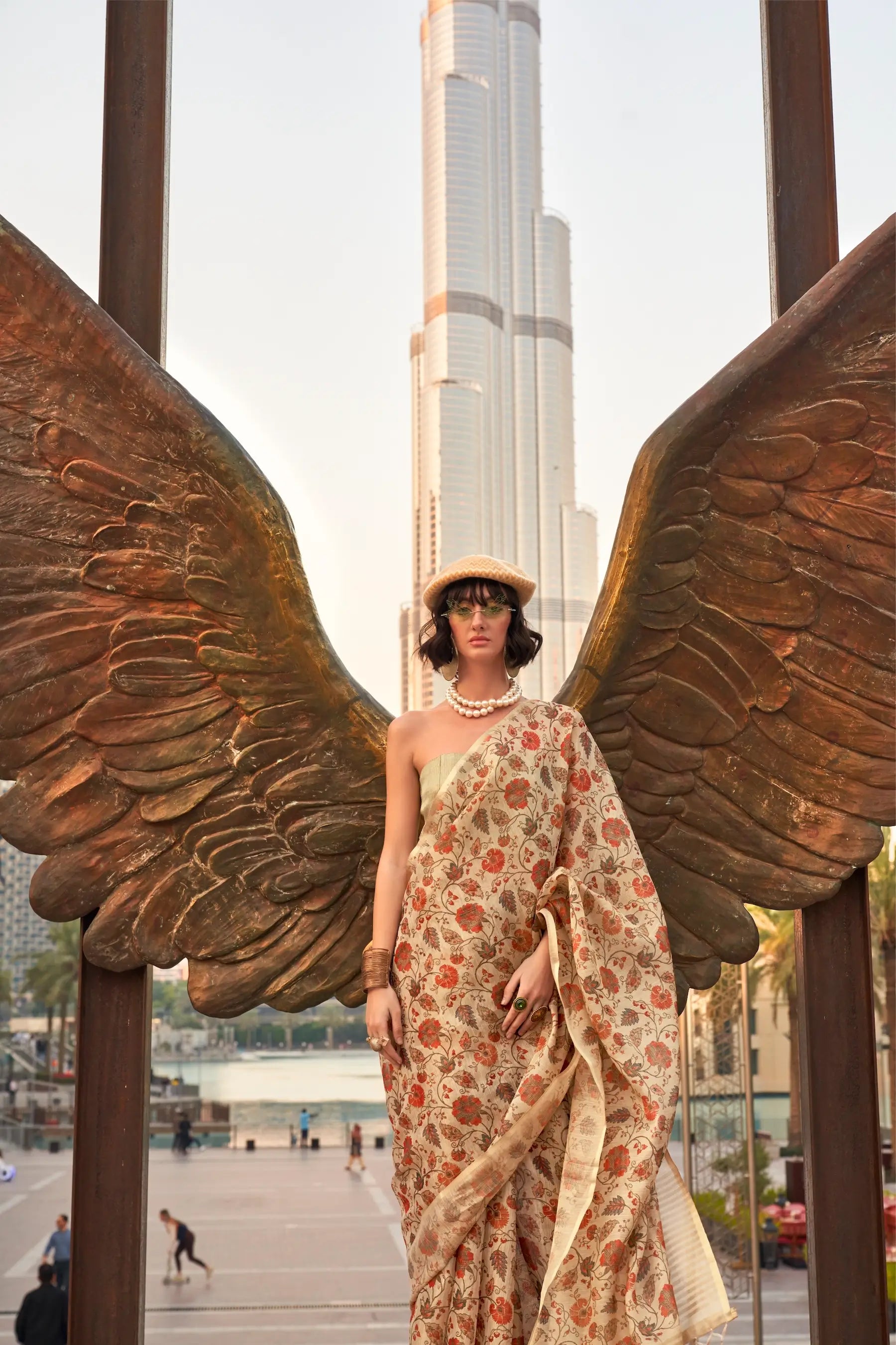 Beige Tissue Saree with Print & Zari Weaving Work - qivii