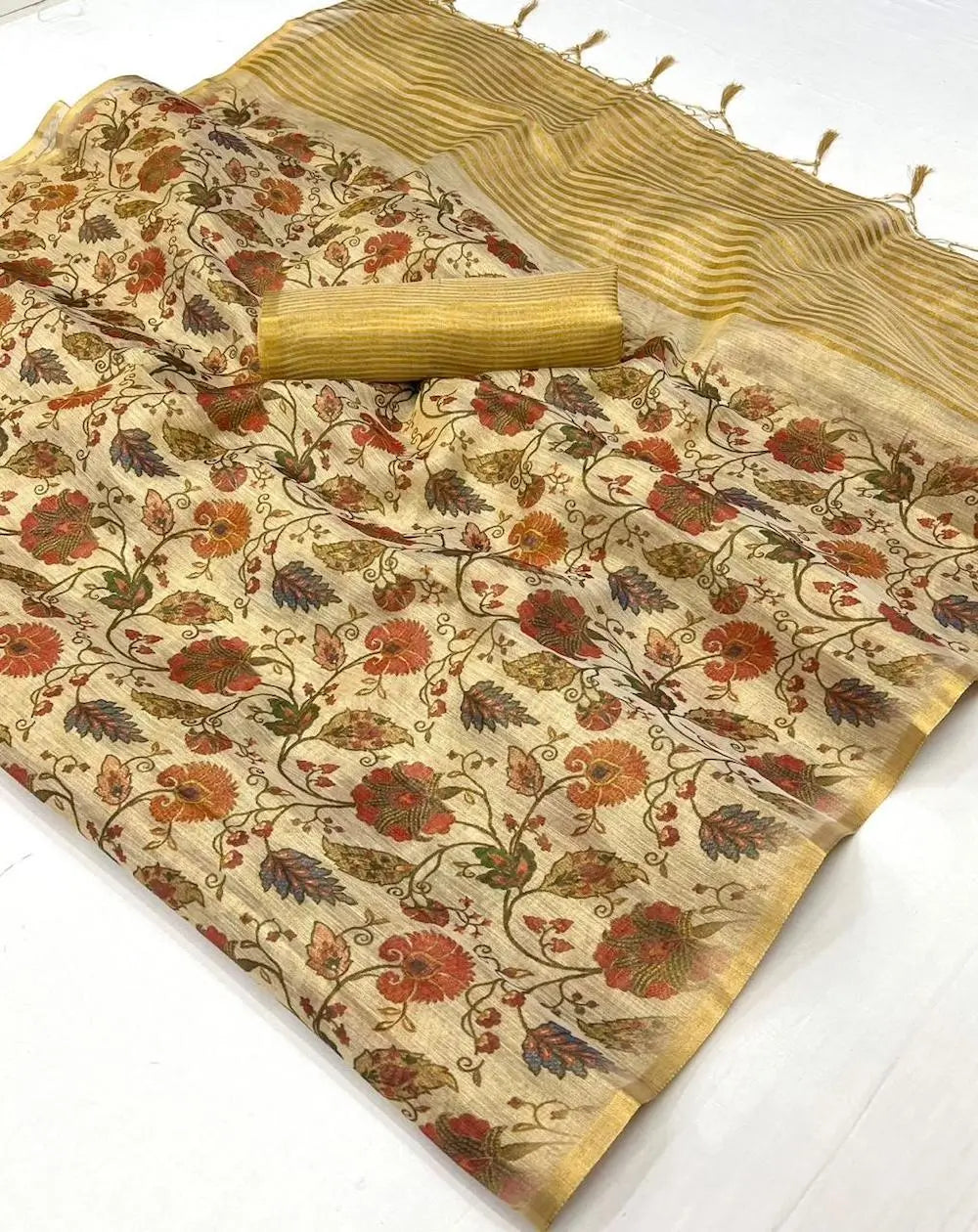 Beige Tissue Saree with Print & Zari Weaving Work - qivii