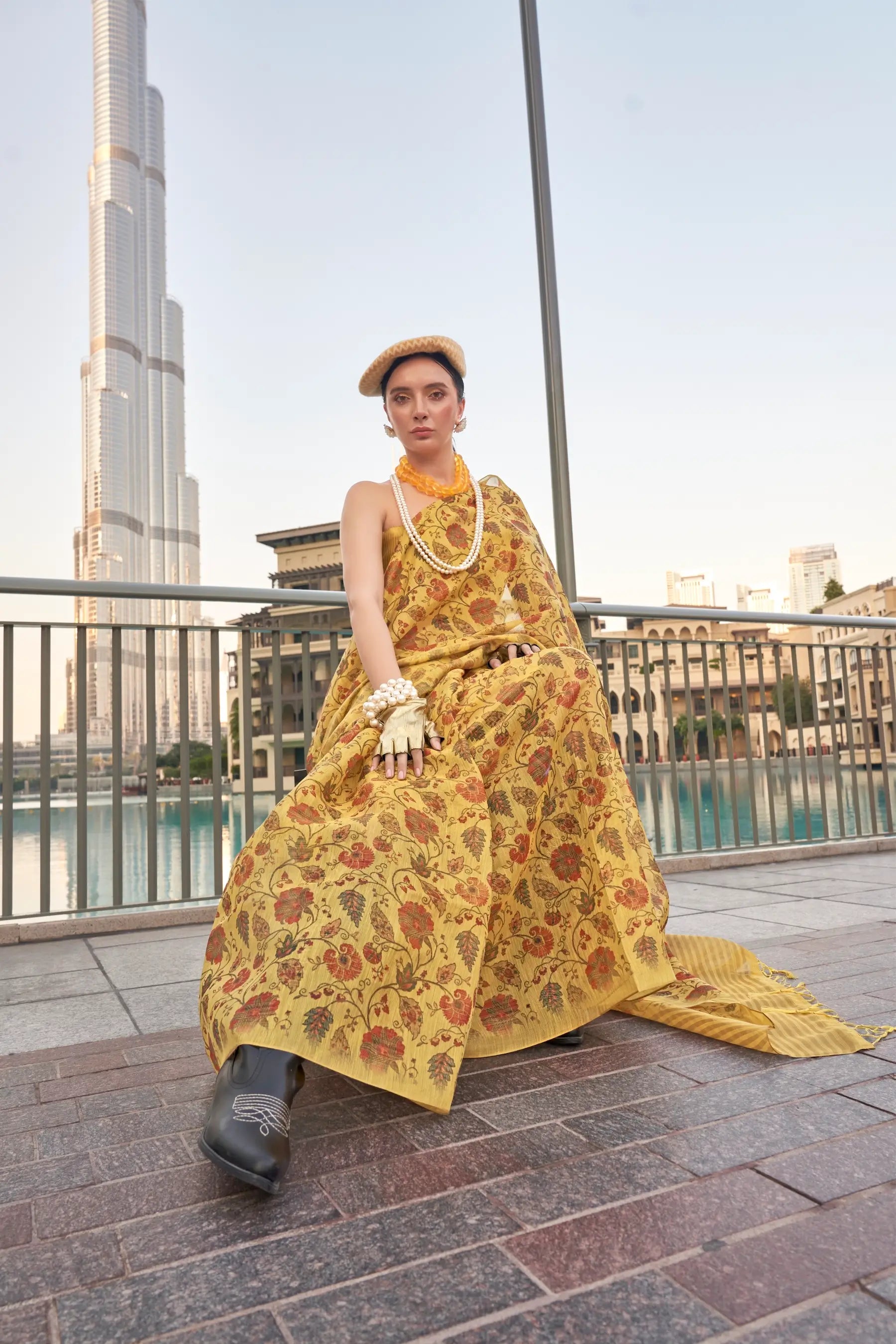 Bee Yellow Tissue Saree with Print & Zari Weaving Work - qivii