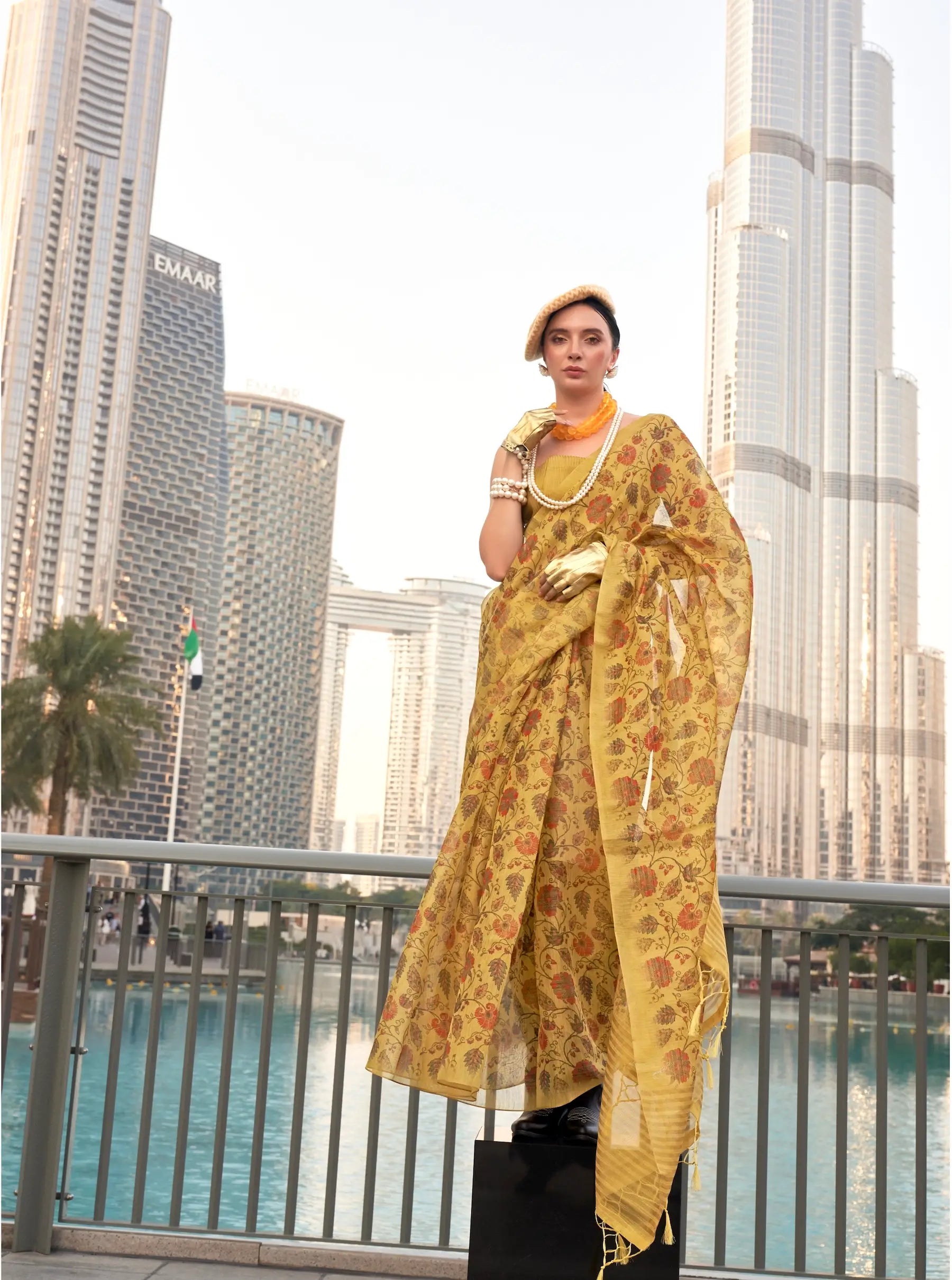 Bee Yellow Tissue Saree with Print & Zari Weaving Work - qivii