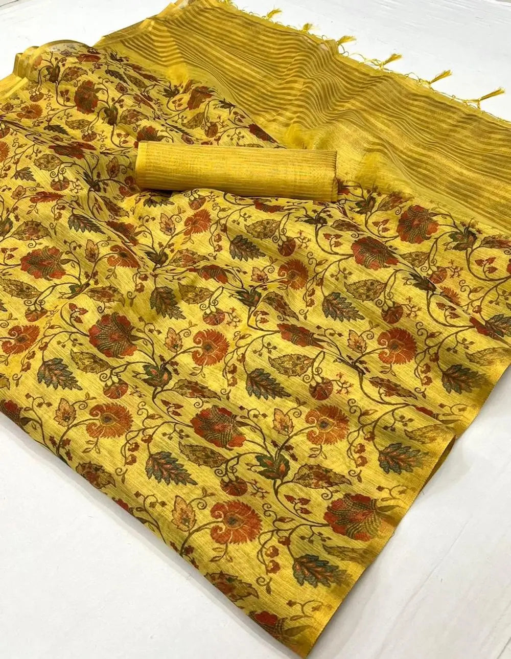 Bee Yellow Tissue Saree with Print & Zari Weaving Work - qivii