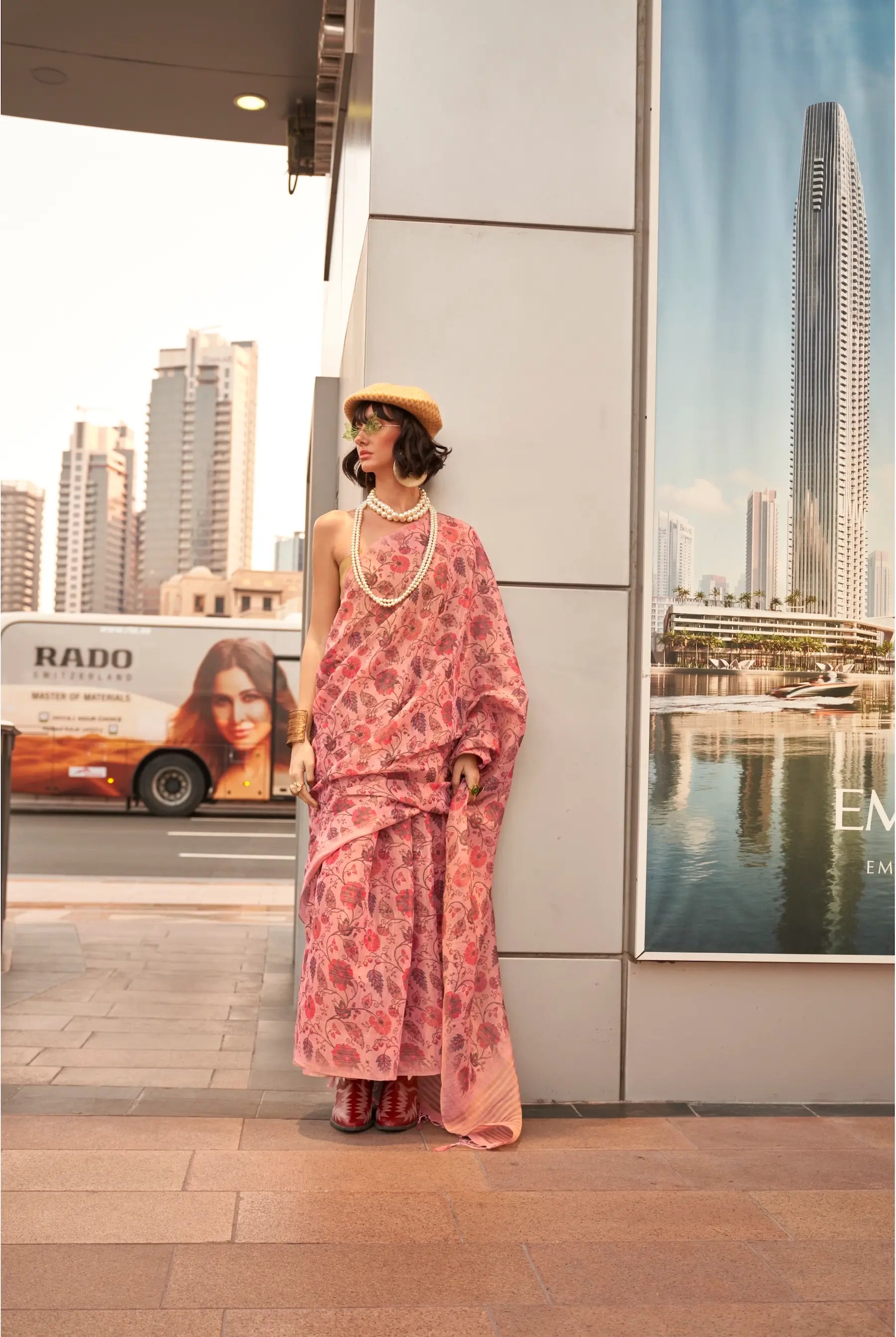 Salmon Pink Tissue Saree with Print & Zari Weaving Work - qivii