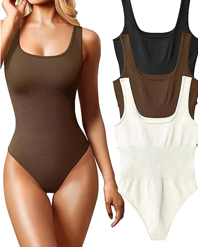 Women's Shapewear Bodysuits Sexy Ribbed Sleeveless Square Neck Tank Tops  - By Qivii