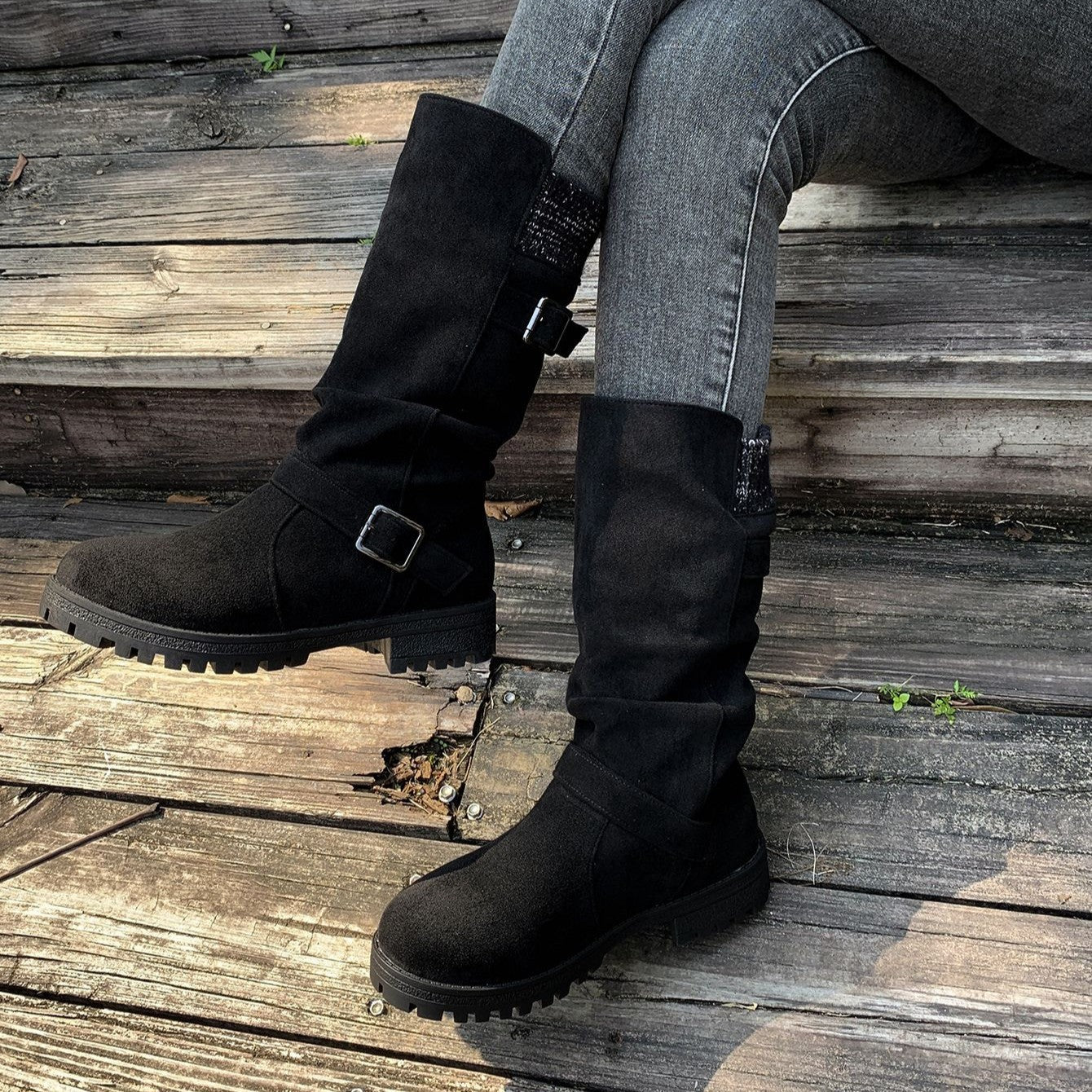Women’s RanchWrap Buckle Mid-Calf Suede Boots – Knit Cuff Western-Style Slouchy Shoes (US 5–10.5)