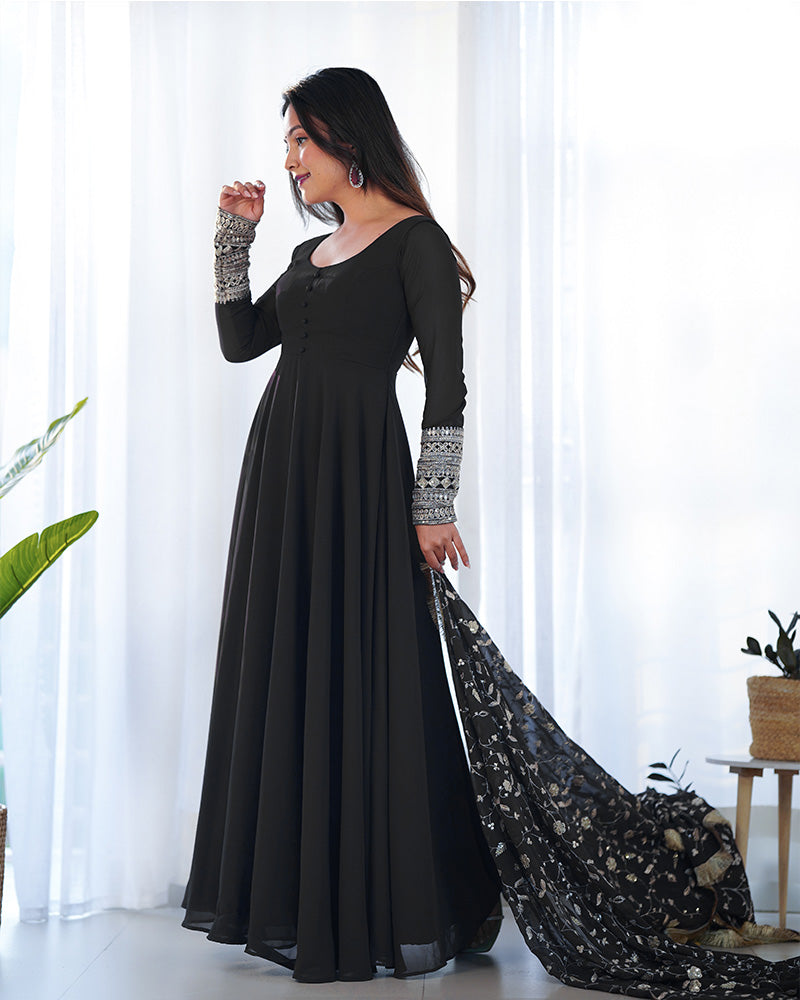 Black Color Soft Georgette Anarkali Gown With Heavy Embroidery Work Dupatta  - By Qivii