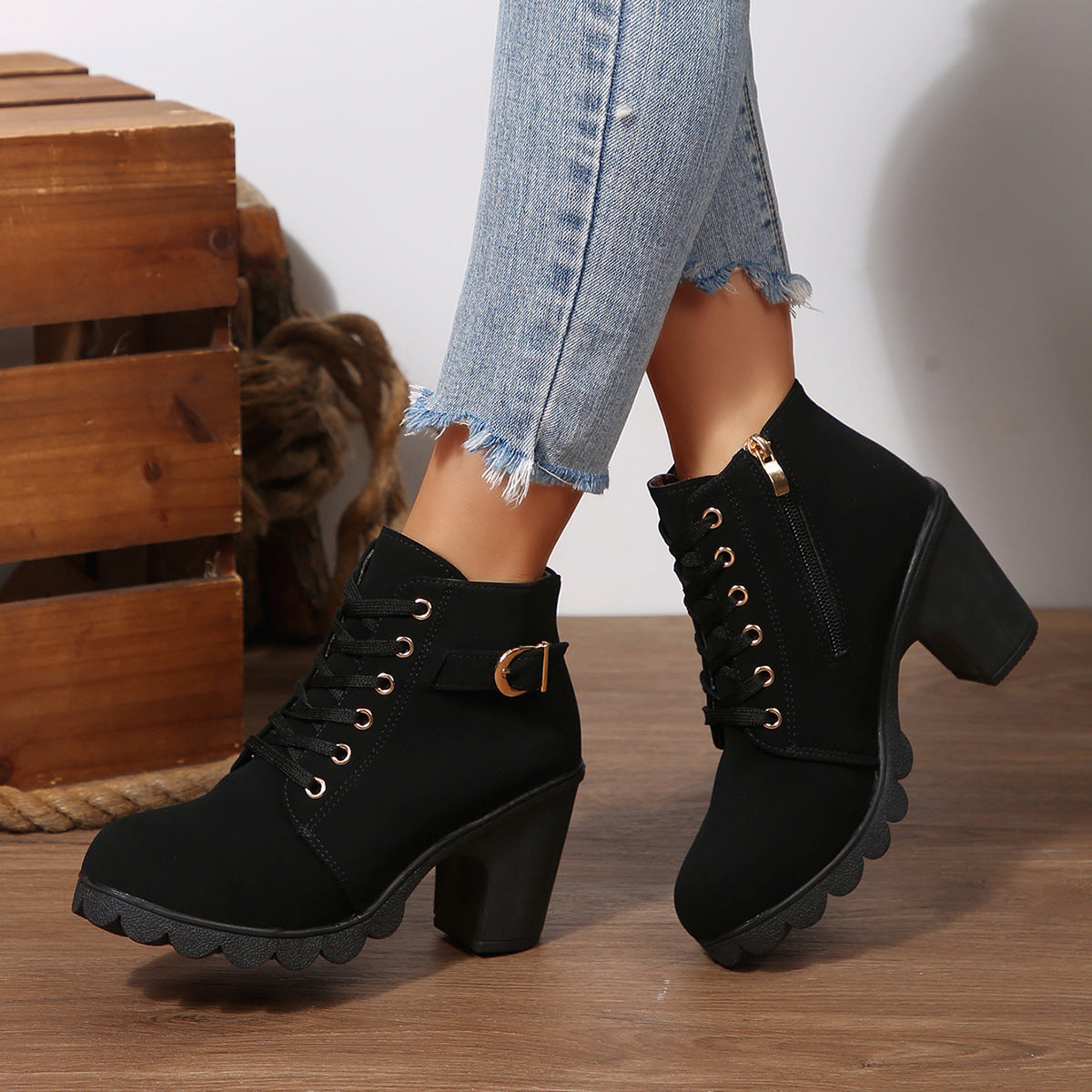 Women's Buckle Decorated Chunky Heel Ankle Boots - Side Zipper & Lace-Up Round Toe Mid-Calf Equestrian Boots (US 4-10)