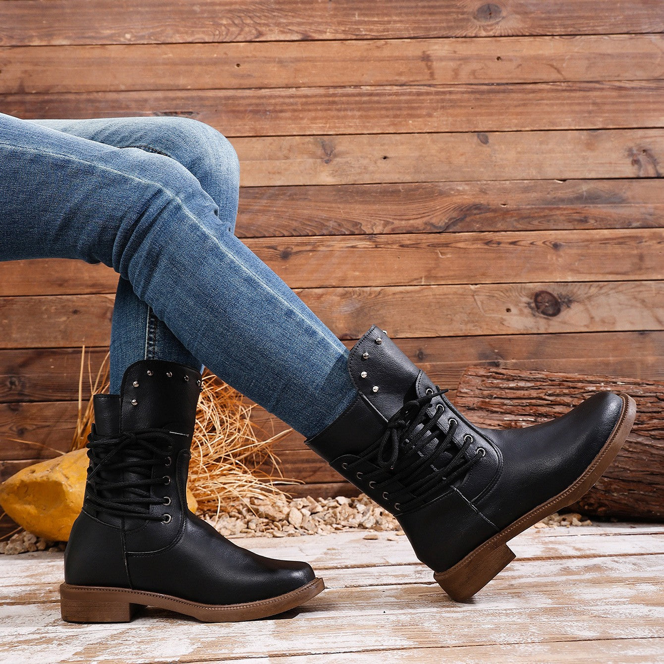 Women's Rivet Roma Boots - Side Lace Chunky Heel Mid Calf Boots (US 4-10.5)