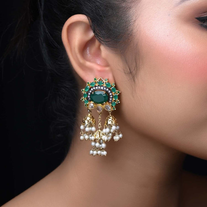 Poonam Green Emerald Stoned American Diamond Jhumki