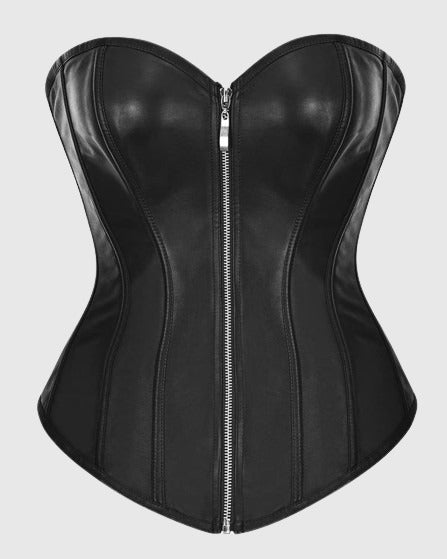Womens Faux Leather Zipper Front Bustier Corset Top  - By Qivii