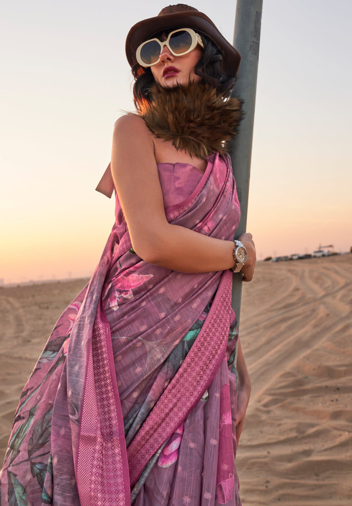 Shades Of Pink Floral Printed Linen Saree with Zari Border and Blouse