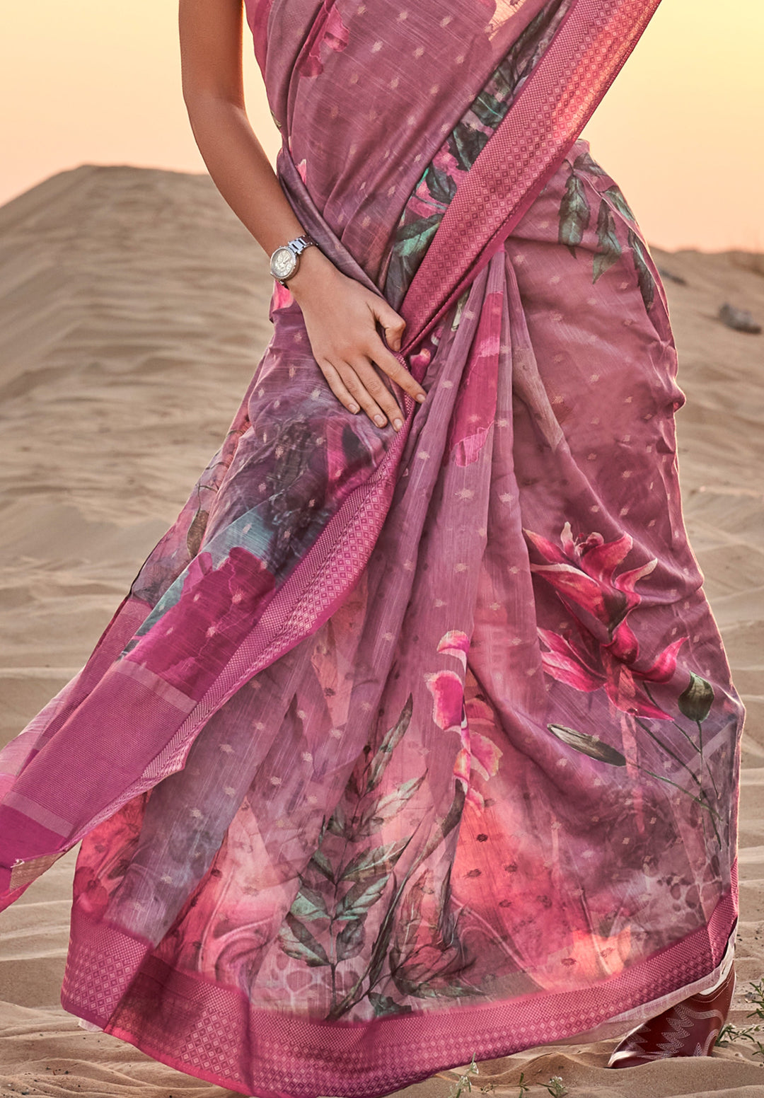 Shades Of Pink Floral Printed Linen Saree with Zari Border and Blouse