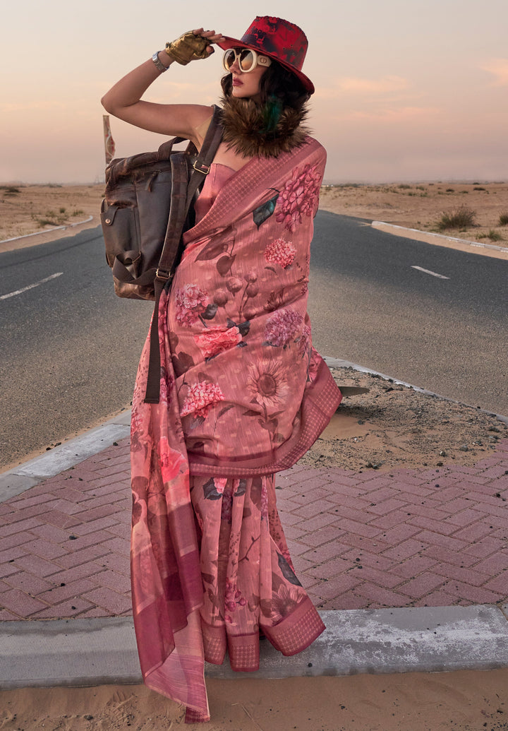 Brownish Pink Floral Printed Linen Saree with Zari Border and Blouse