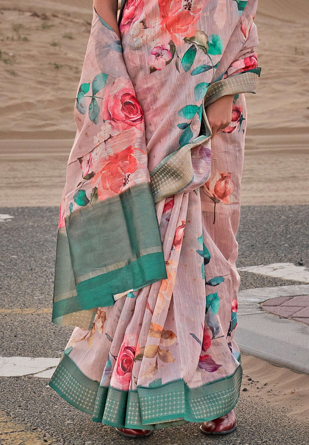 Creamy White Floral Printed Linen Saree with Zari Border and Blouse