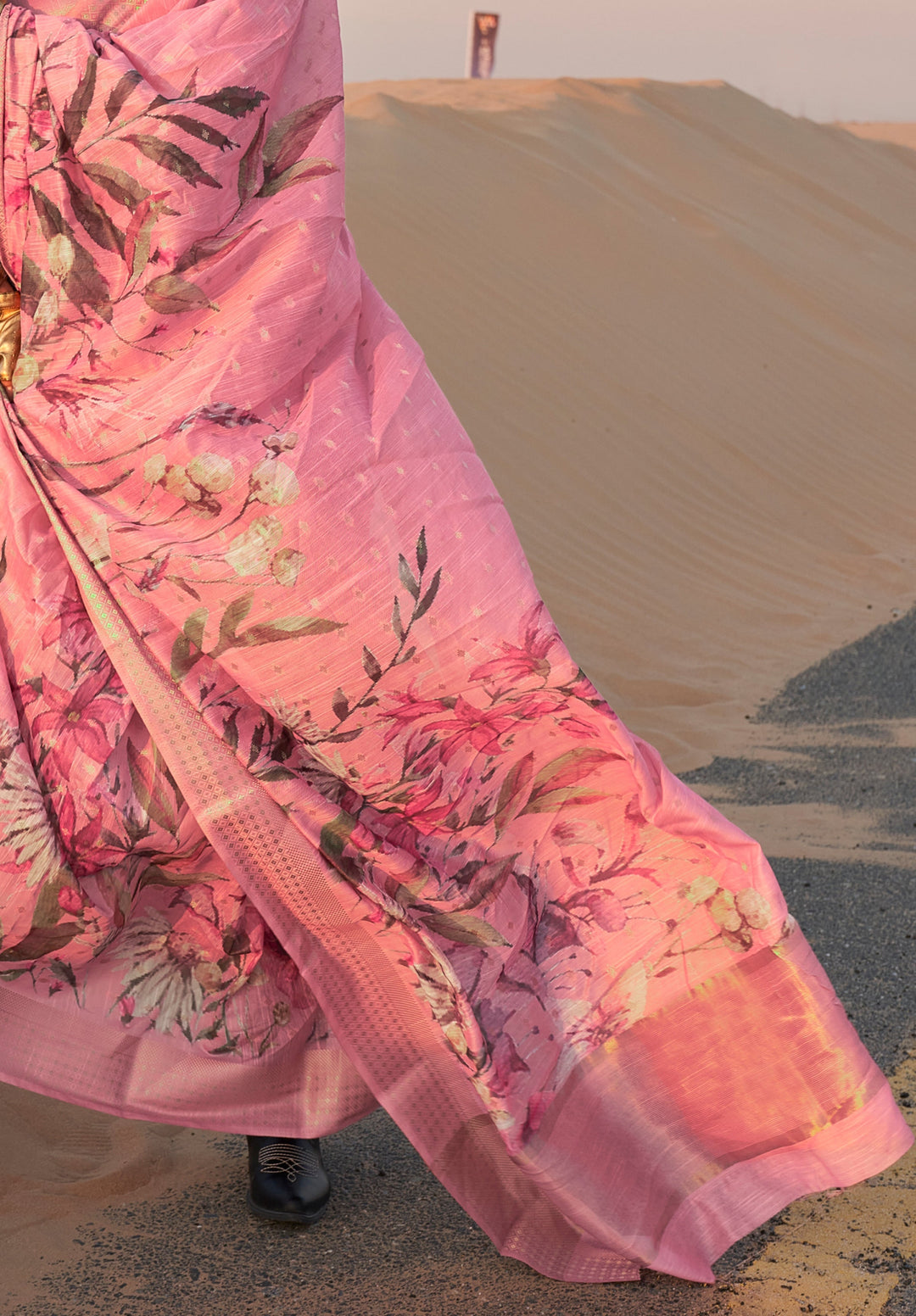 Flamingo Pink Floral Printed Linen Saree with Zari Border and Blouse