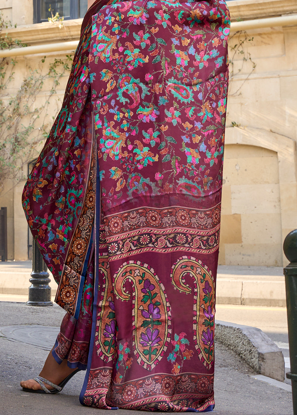 Dark Sienna Brown Printed Satin Georgette Saree - qivii