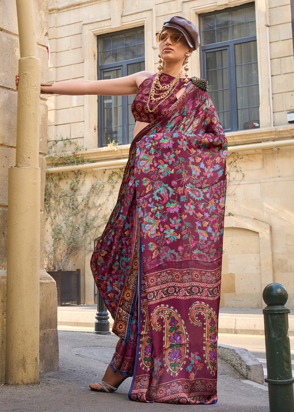 Dark Sienna Brown Printed Satin Georgette Saree - qivii