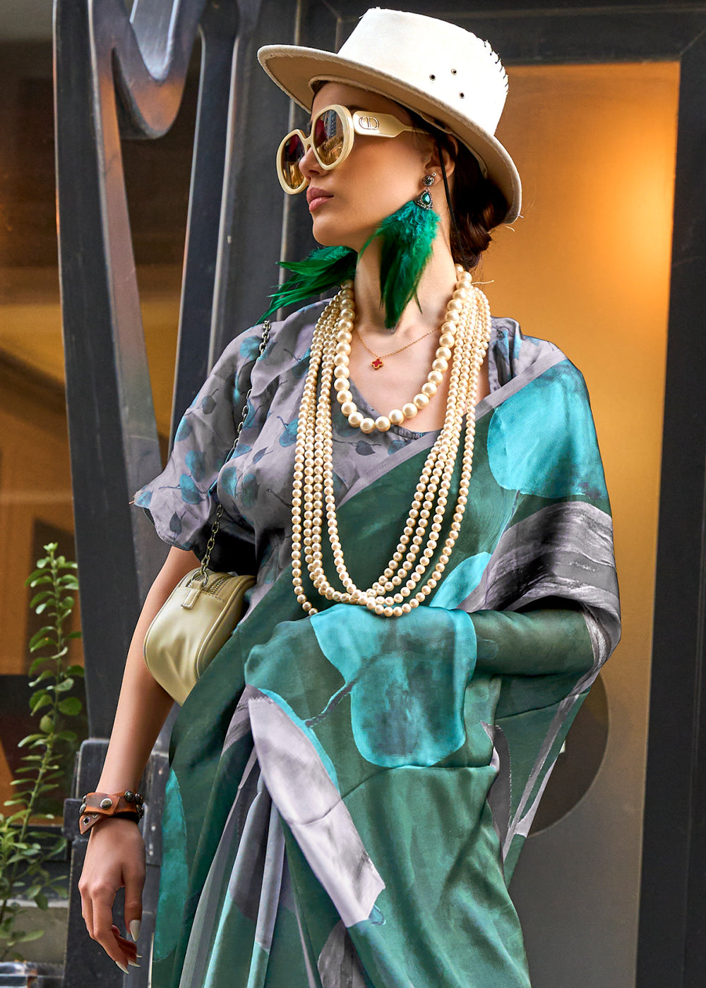 Viridian Green Printed Satin Georgette Saree - qivii