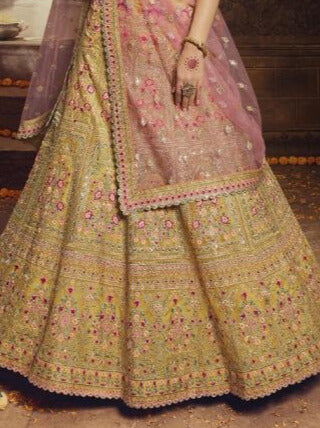 GOLDEN YELLOW AND PINK ZARI HEAVY EMBROIDERED LEHENGA WITH BLOUSE AND DUPATTA