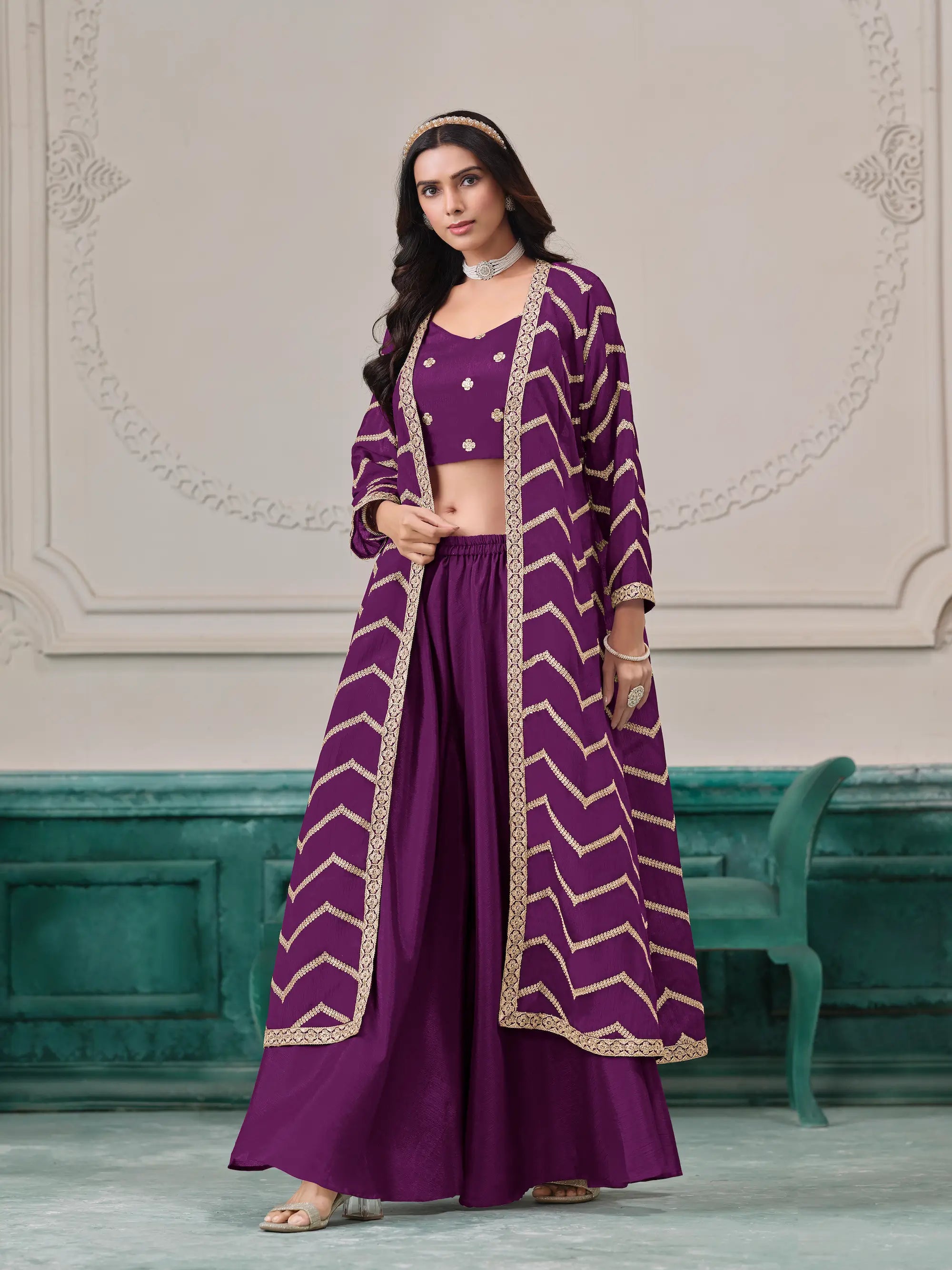 Purple Chinon Indo-Western Set With Embroidery Work - qivii