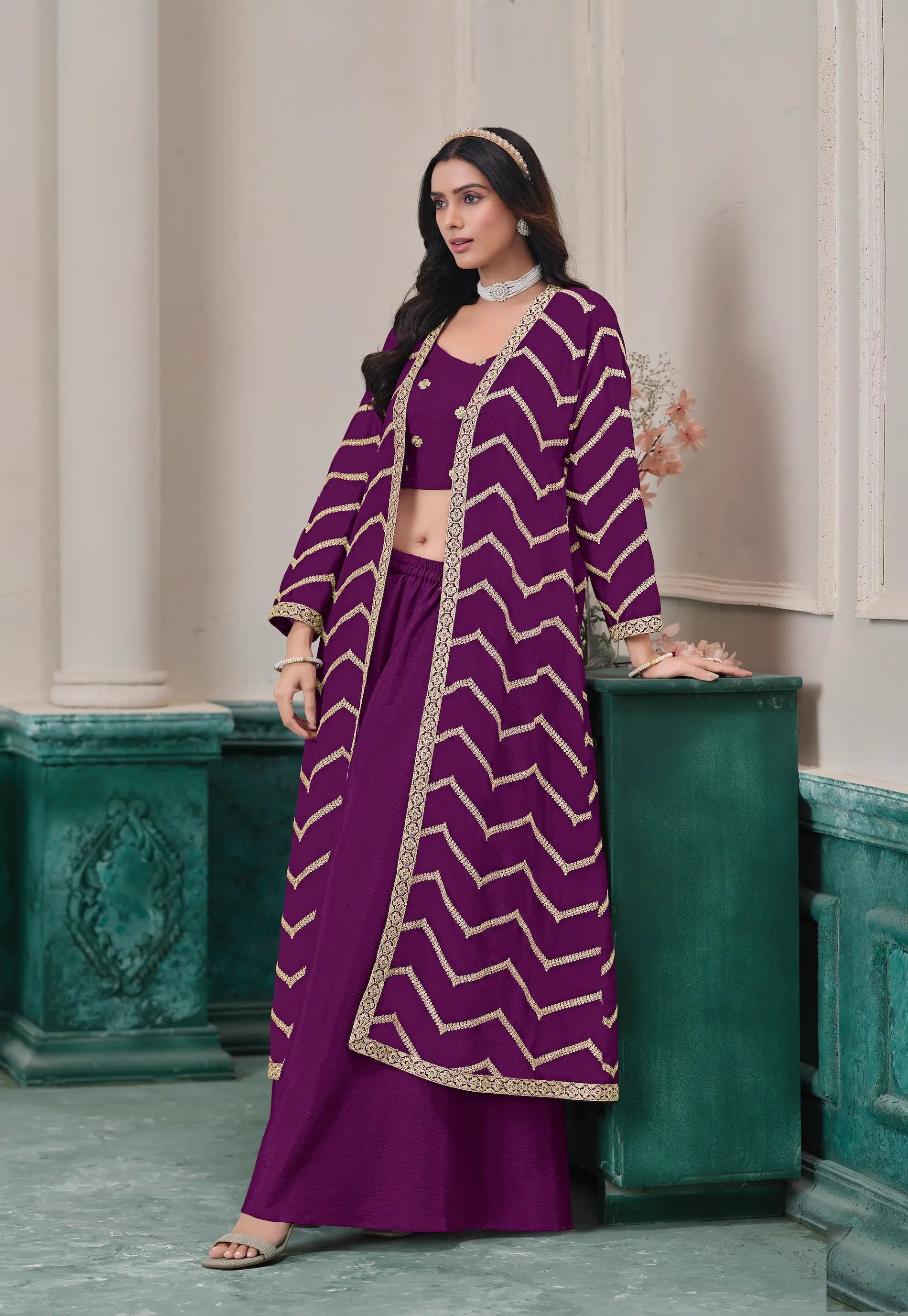 Purple Chinon Indo-Western Set With Embroidery Work - qivii