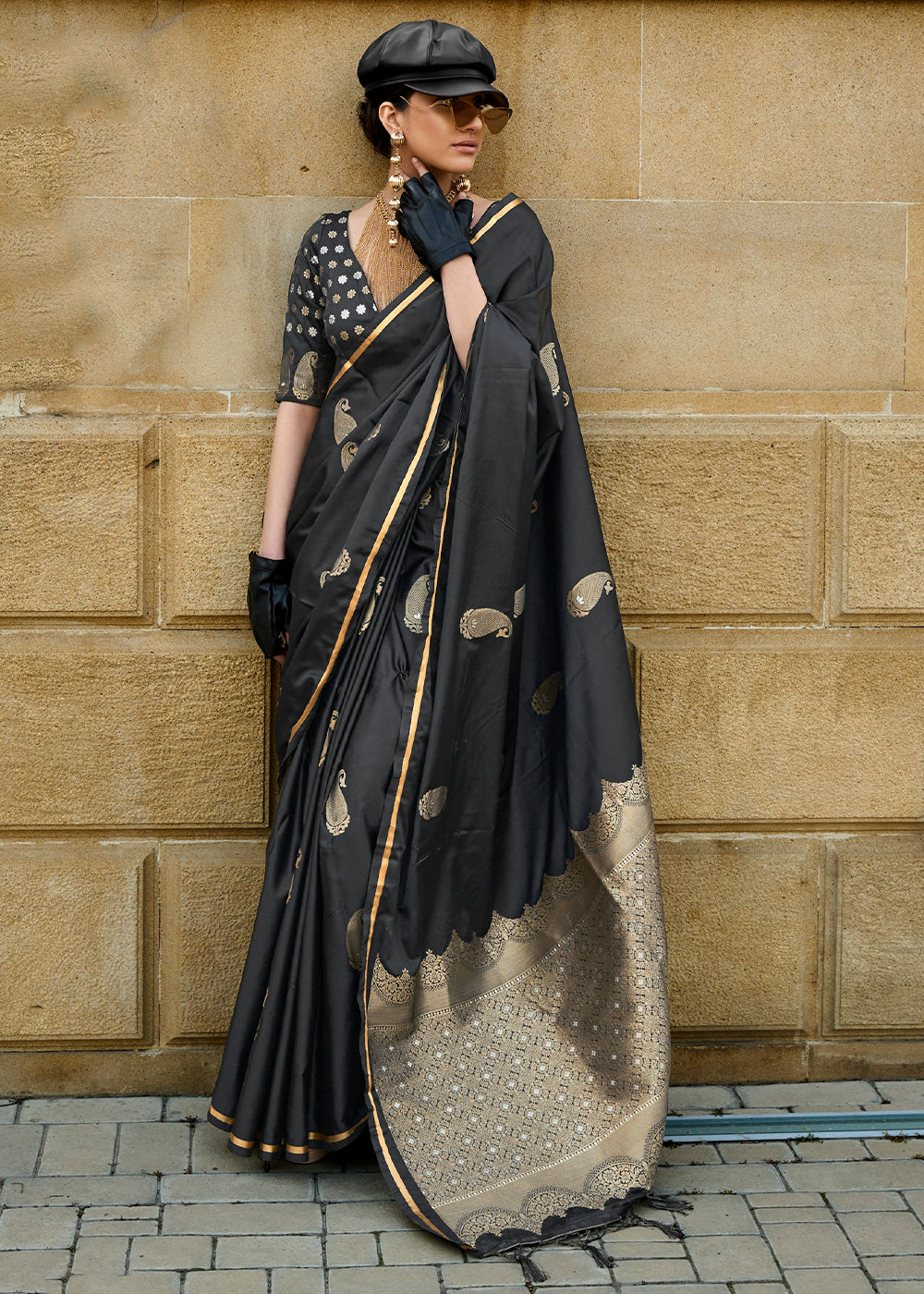 Midnight Black Zari Woven Satin Silk Saree - qivii