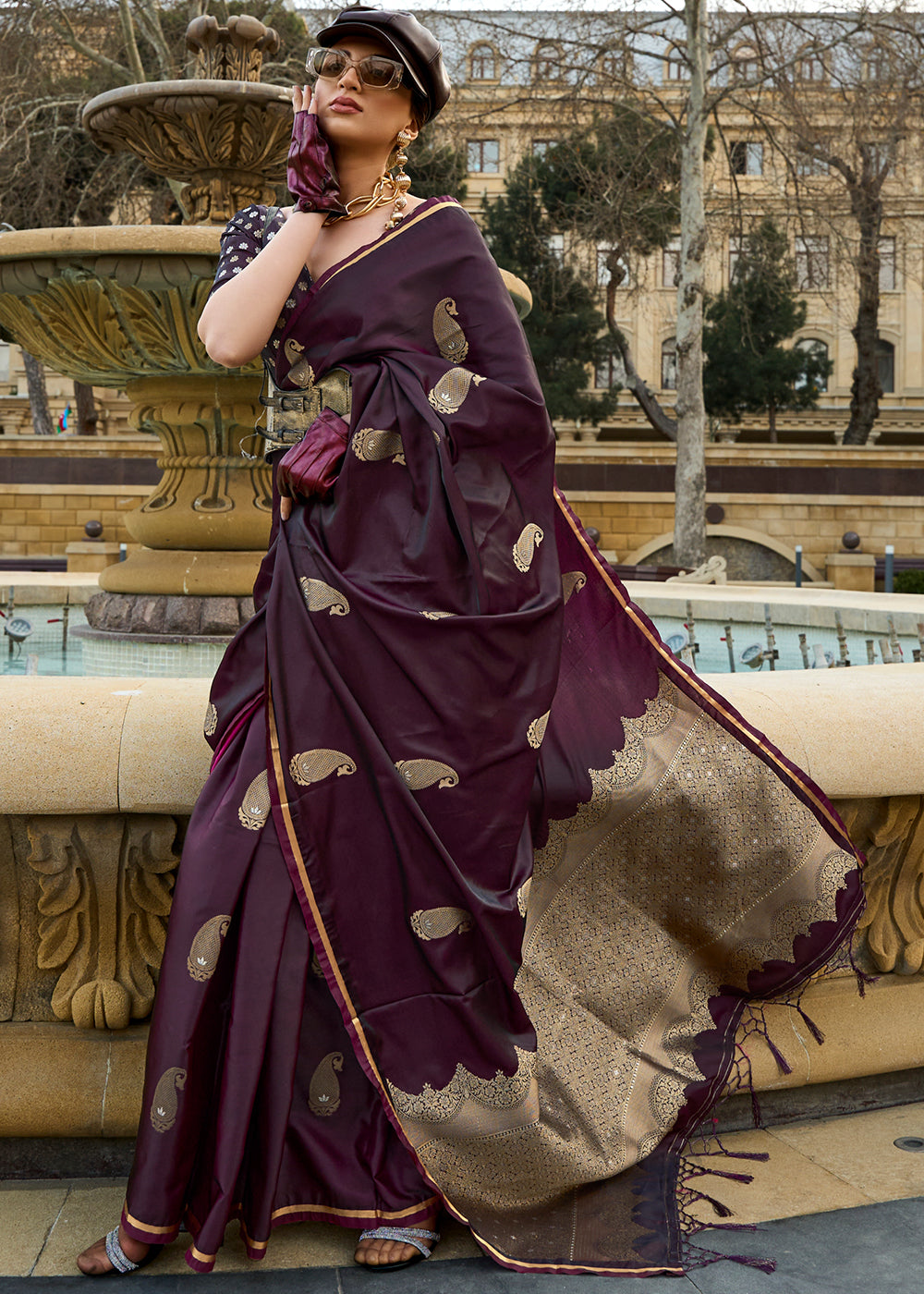 tyrian purple dress Zari Woven Satin Silk Saree The dress drapes beautifully Kylie Jenner stepped onto Size for tailoring:12 Style:64492