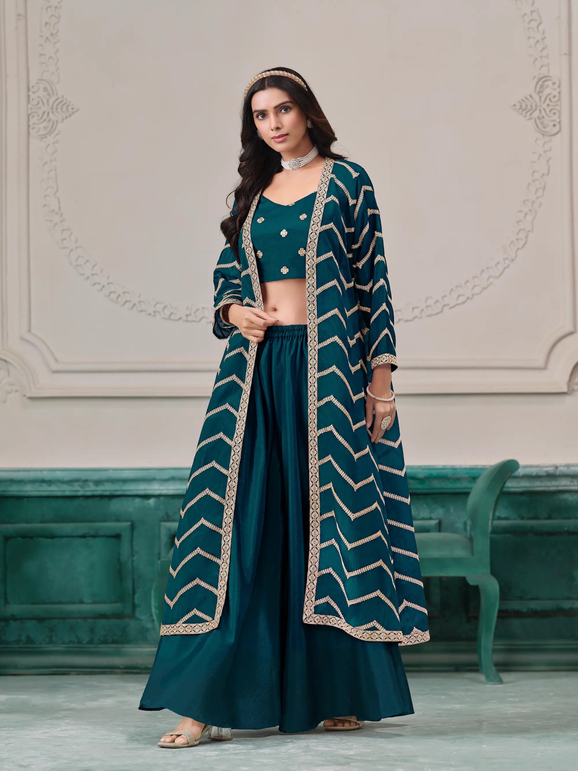 Teal Blue Chinon Indo-Western Set With Embroidery Workv - qivii