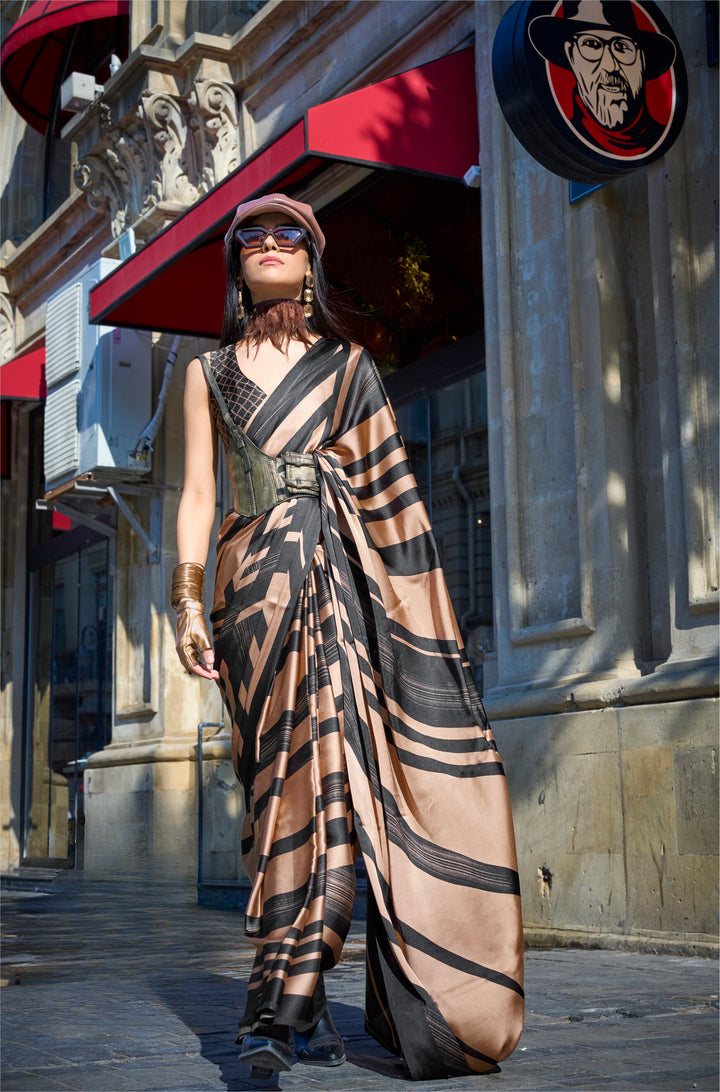 BLACK AND BIEGE COLOR SATIN CREPE PRINT SAREE