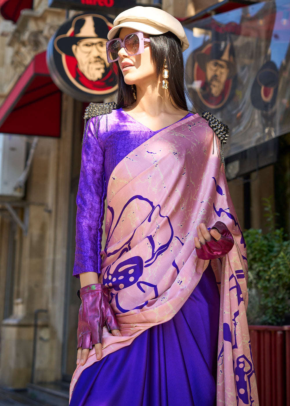 Blue & Pink Contemporary Printed Satin Crepe Saree - qivii