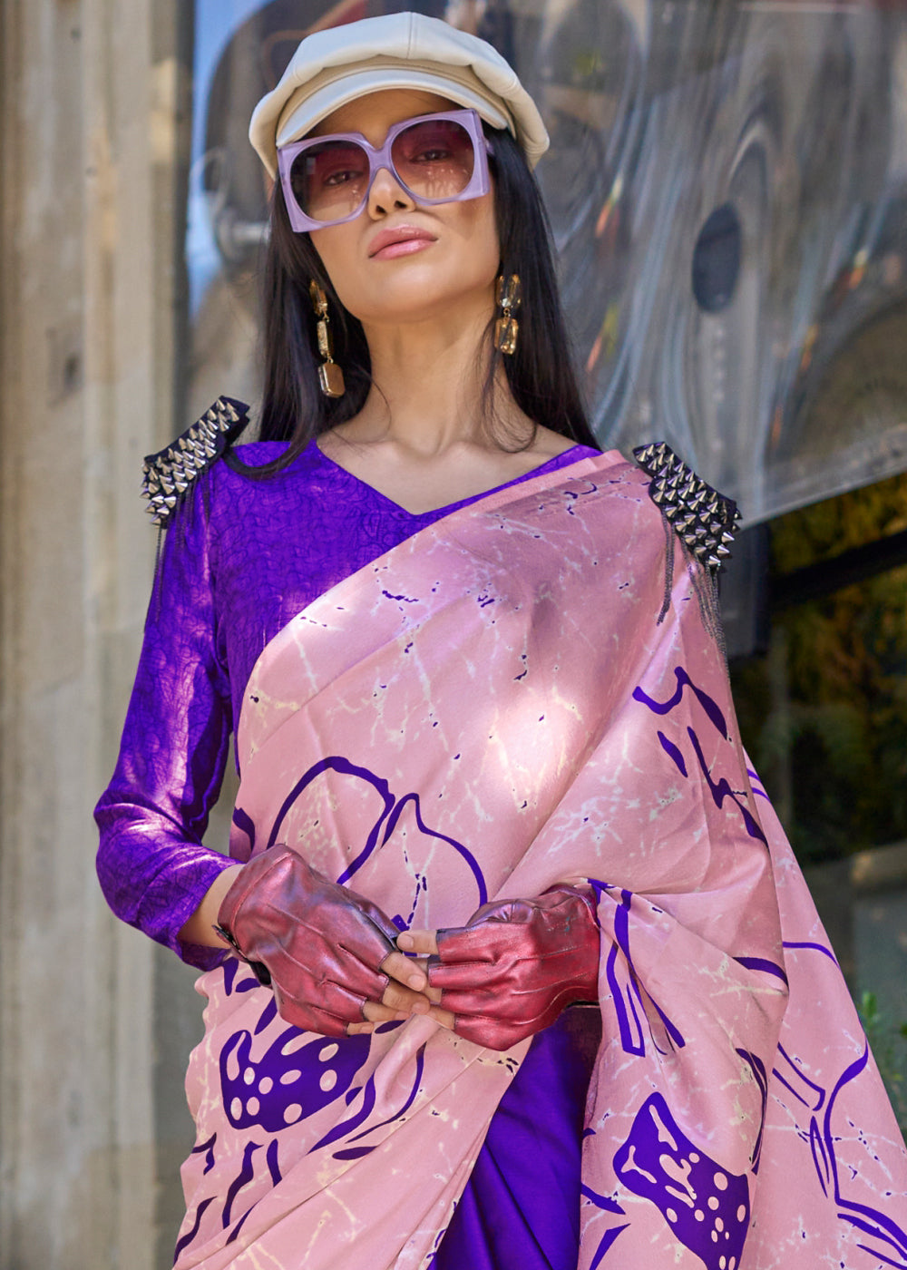 Blue & Pink Contemporary Printed Satin Crepe Saree - qivii