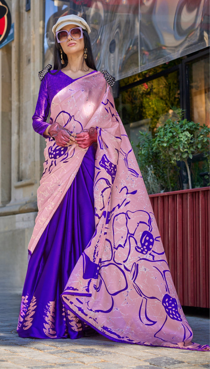 BLUE COLOR SATIN CREPE PRINT SAREE