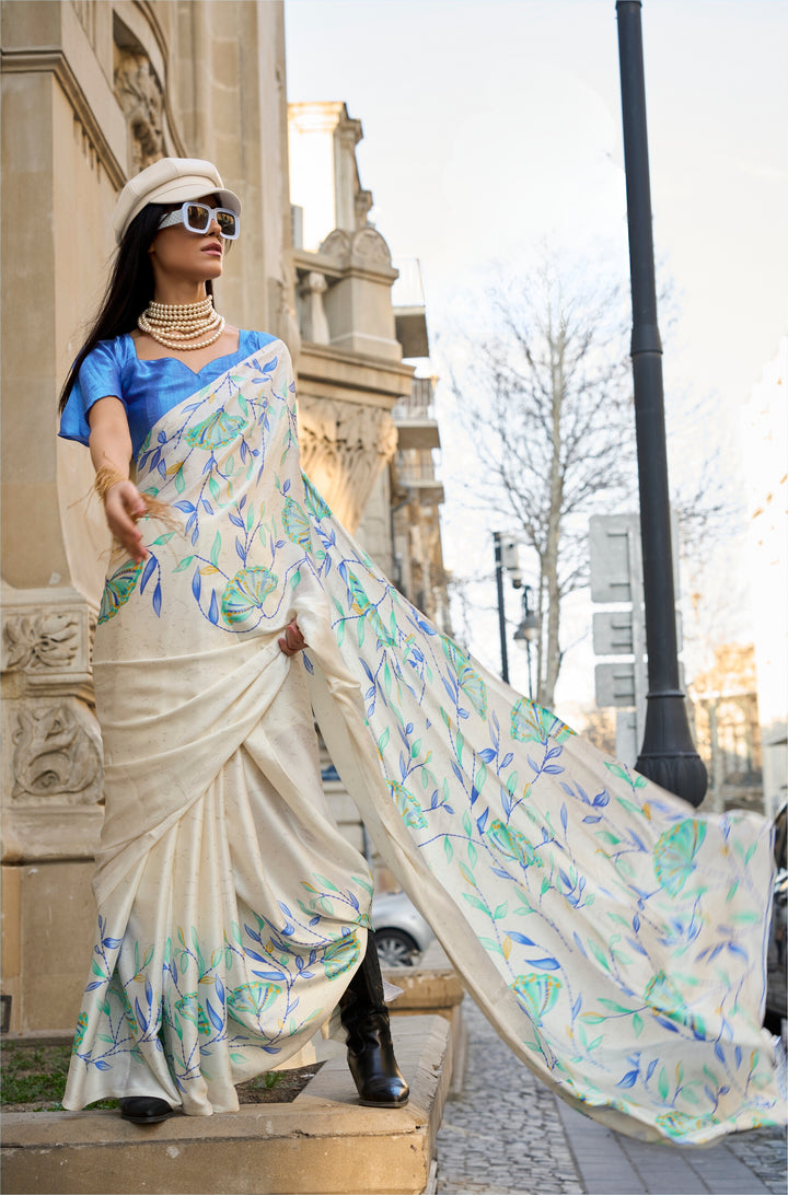 OFF WHITE AND BLUE COLOR SATIN CREPE PRINT SAREE