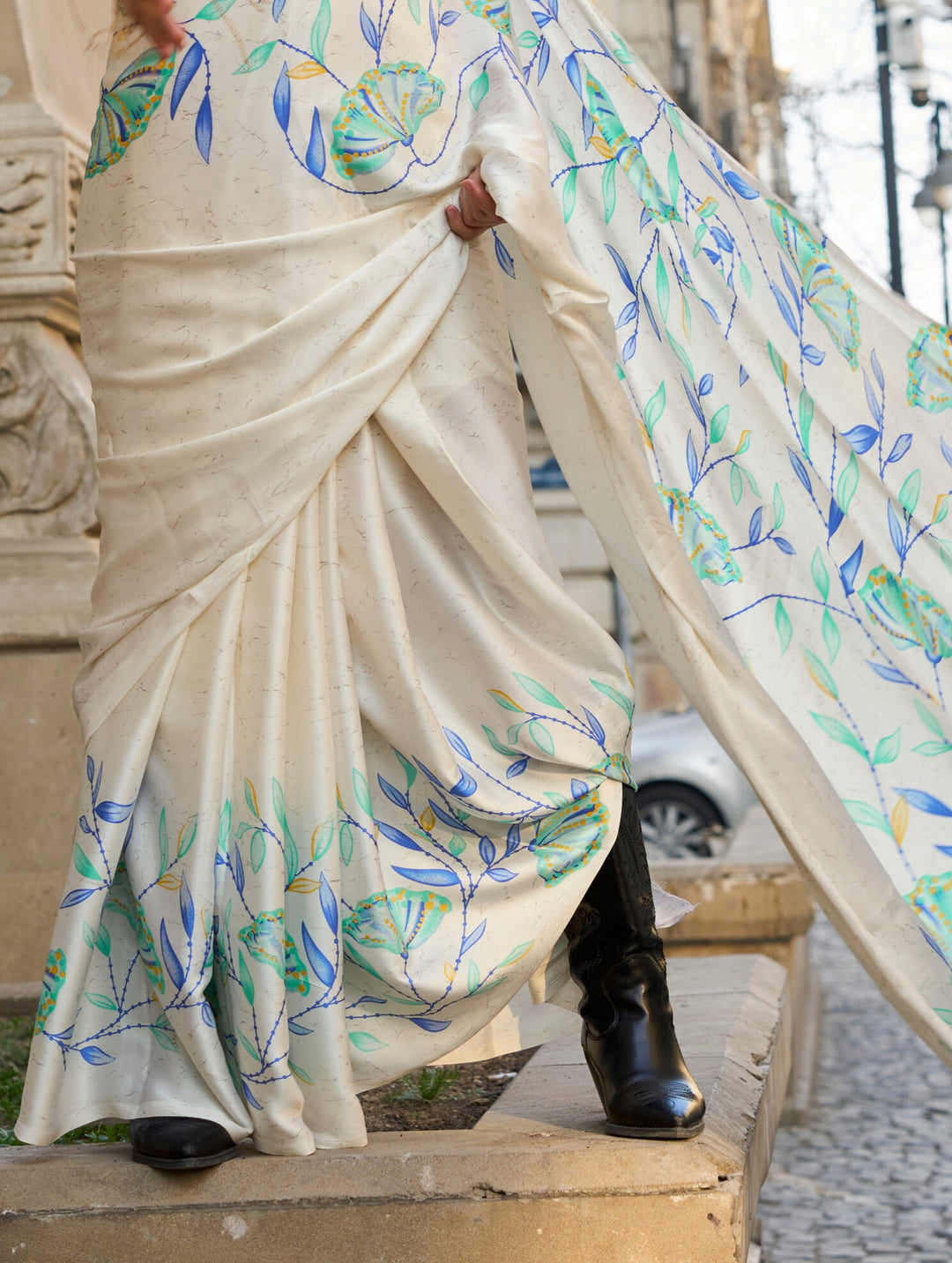 OFF WHITE AND BLUE COLOR SATIN CREPE PRINT SAREE