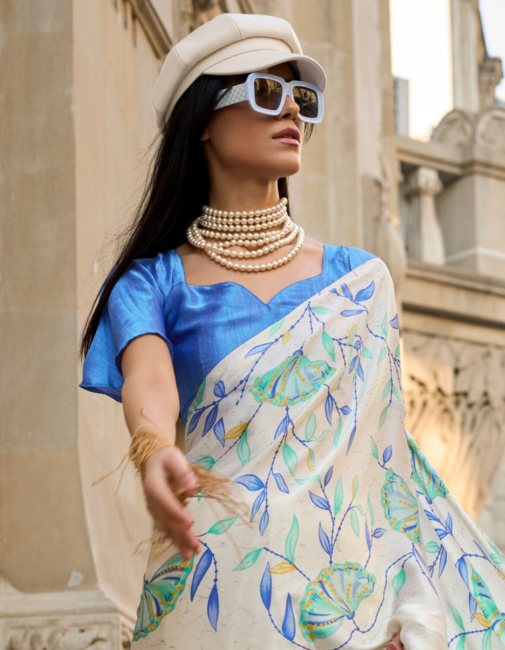 OFF WHITE AND BLUE COLOR SATIN CREPE PRINT SAREE