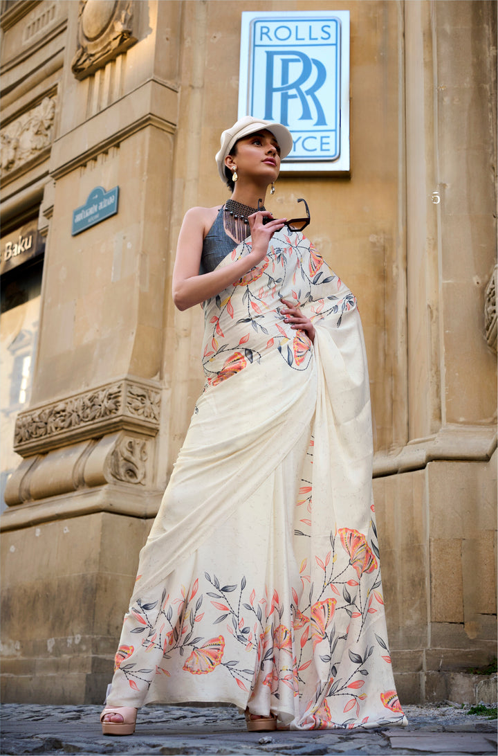 OFF WHITE AND BIEGE COLOR SATIN CREPE PRINT SAREE