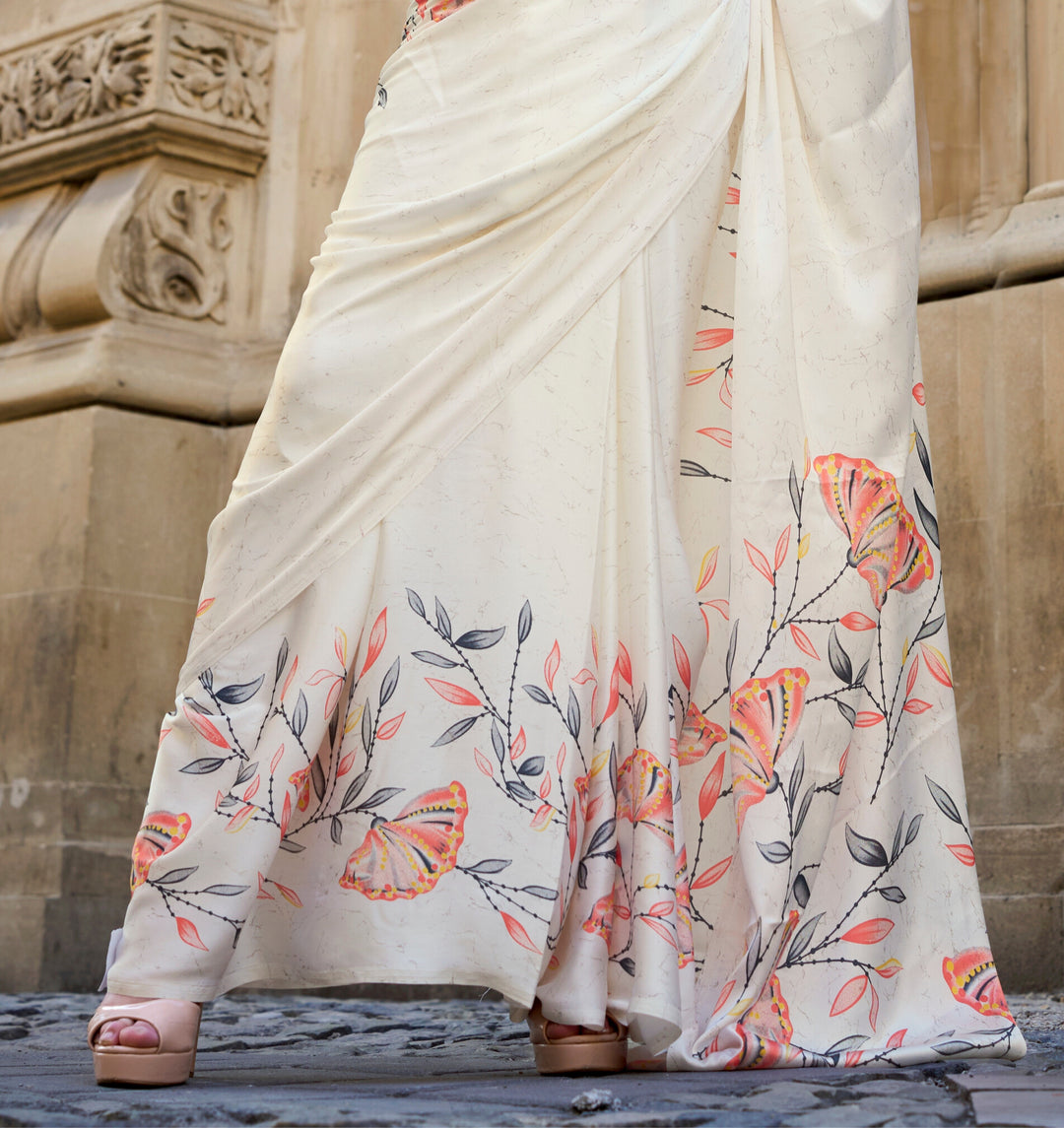 OFF WHITE AND BIEGE COLOR SATIN CREPE PRINT SAREE