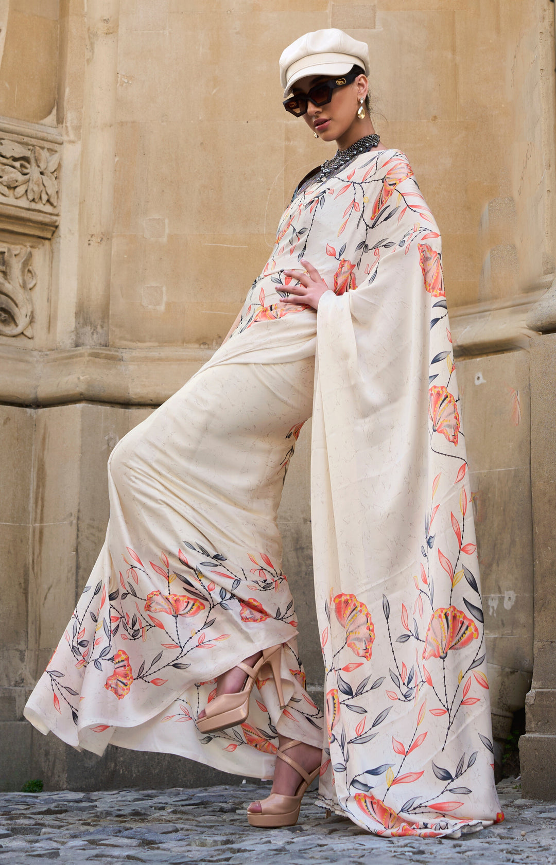 OFF WHITE AND BIEGE COLOR SATIN CREPE PRINT SAREE