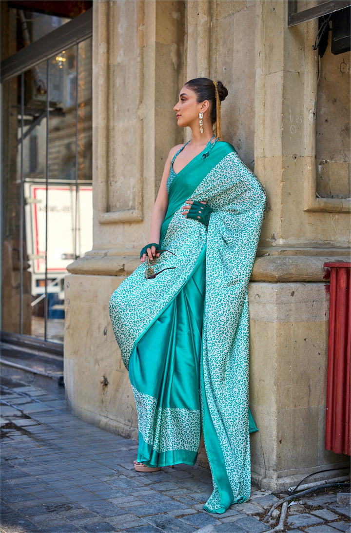 SEA GREEN COLOR SATIN CREPE PRINT SAREE