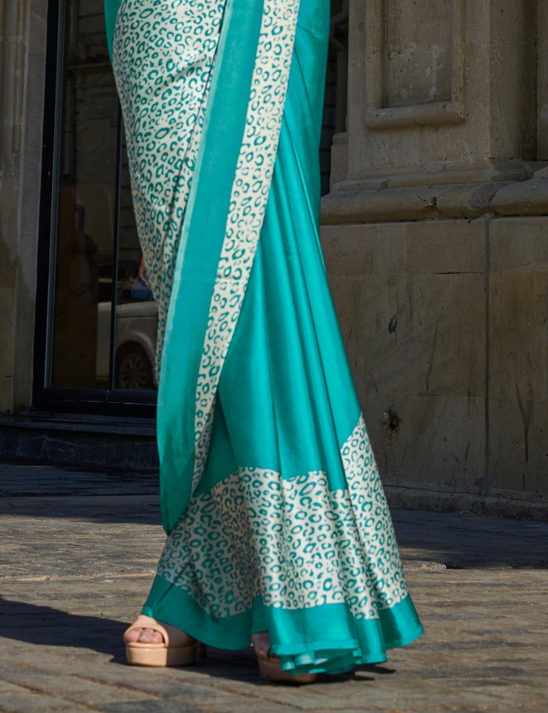 SEA GREEN COLOR SATIN CREPE PRINT SAREE