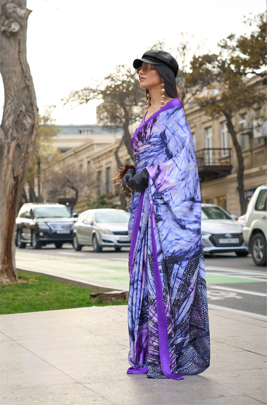 DARK BLUE COLOR SATIN CREPE PRINT SAREE