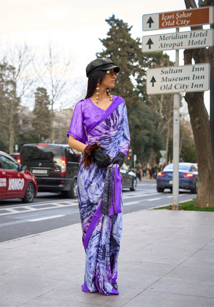 DARK BLUE COLOR SATIN CREPE PRINT SAREE