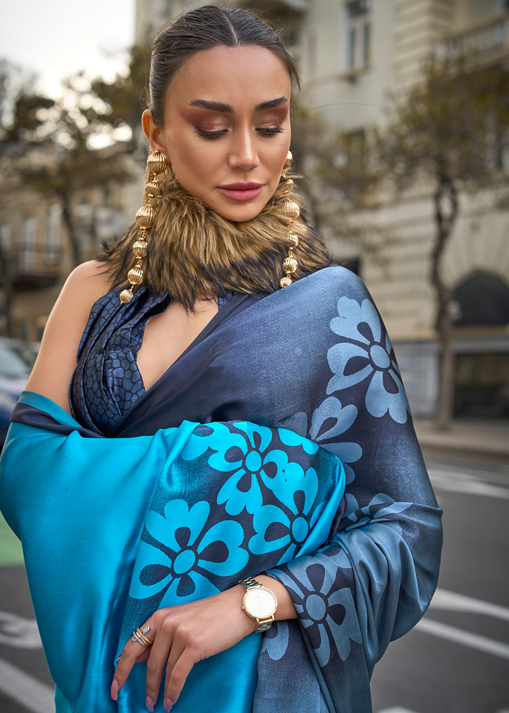 Shades Of Blue Contemporary Printed Satin Crepe Saree - qivii