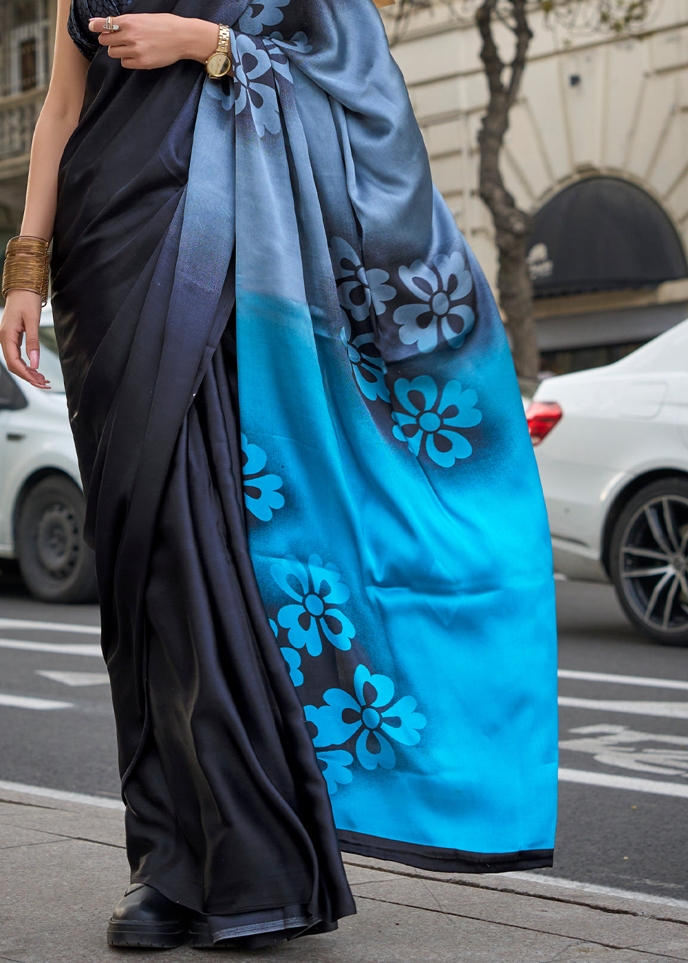 Shades Of Blue Contemporary Printed Satin Crepe Saree - qivii