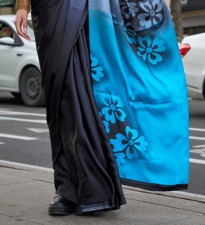 BLACK AND SKY BLUE COLOR SATIN CREPE PRINT SAREE