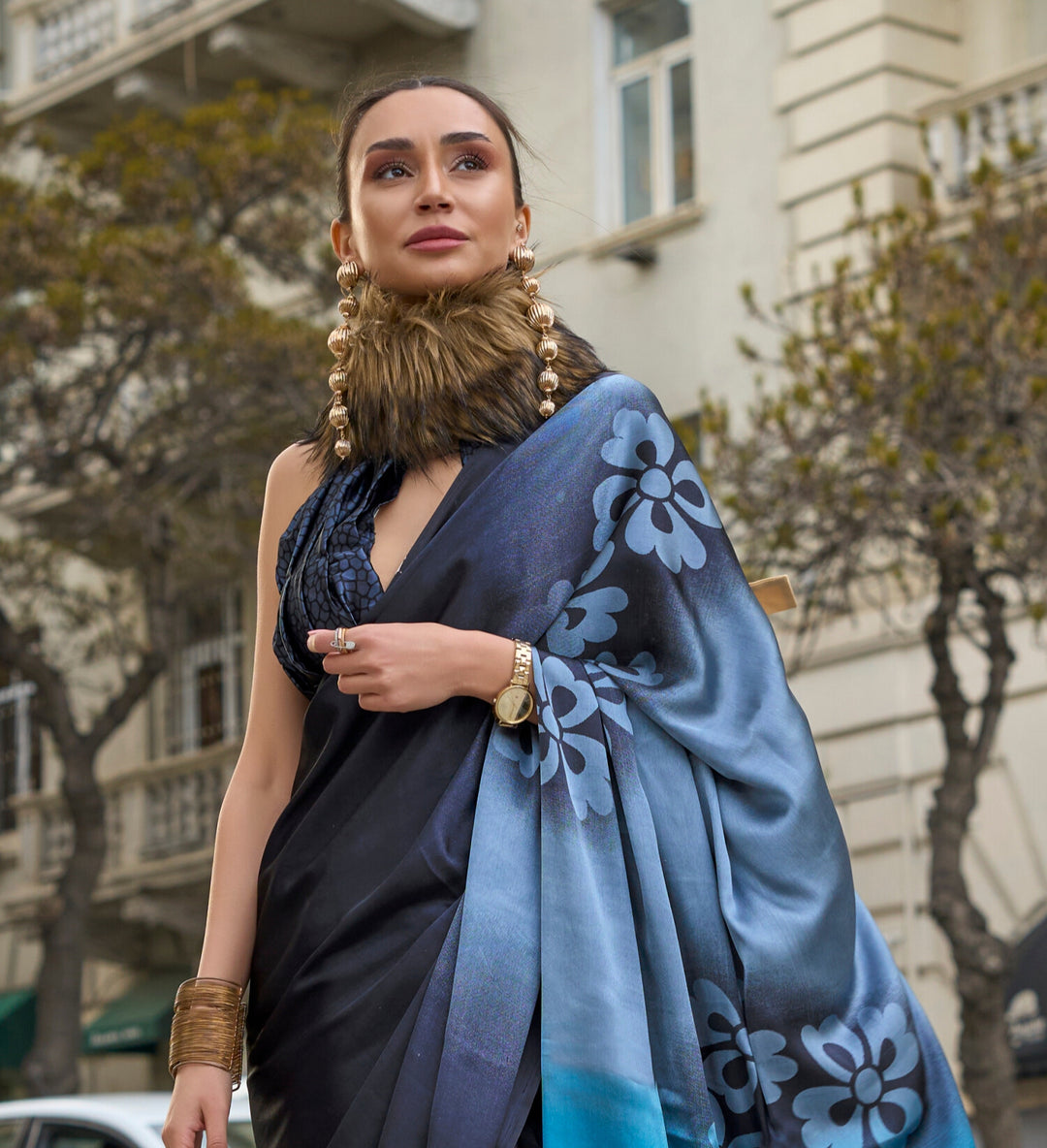 BLACK AND SKY BLUE COLOR SATIN CREPE PRINT SAREE