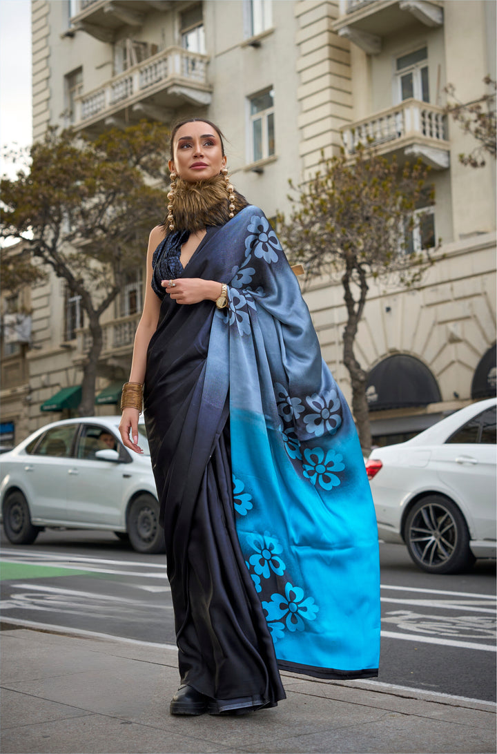 BLACK AND SKY BLUE COLOR SATIN CREPE PRINT SAREE