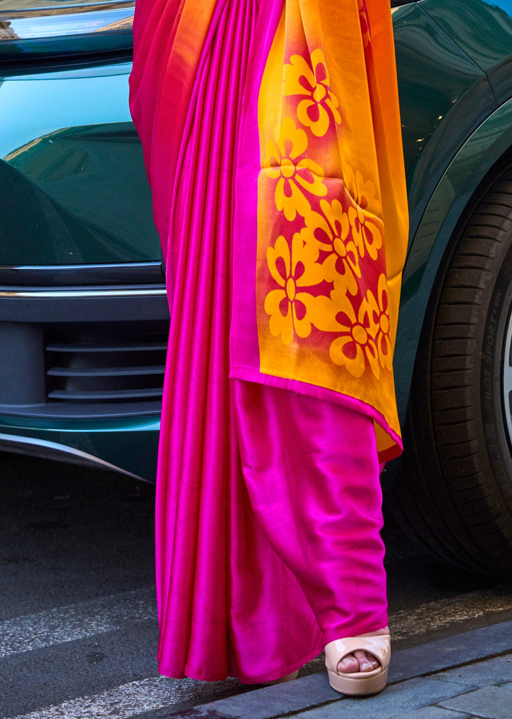 PINK AND ORANGE COLOR SATIN CREPE PRINT SAREE