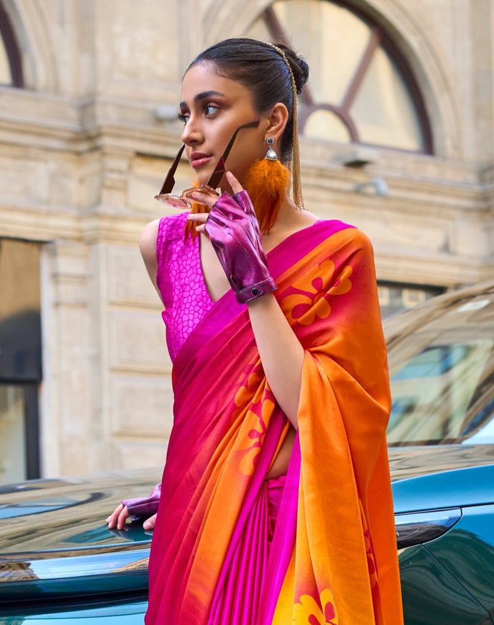 PINK AND ORANGE COLOR SATIN CREPE PRINT SAREE