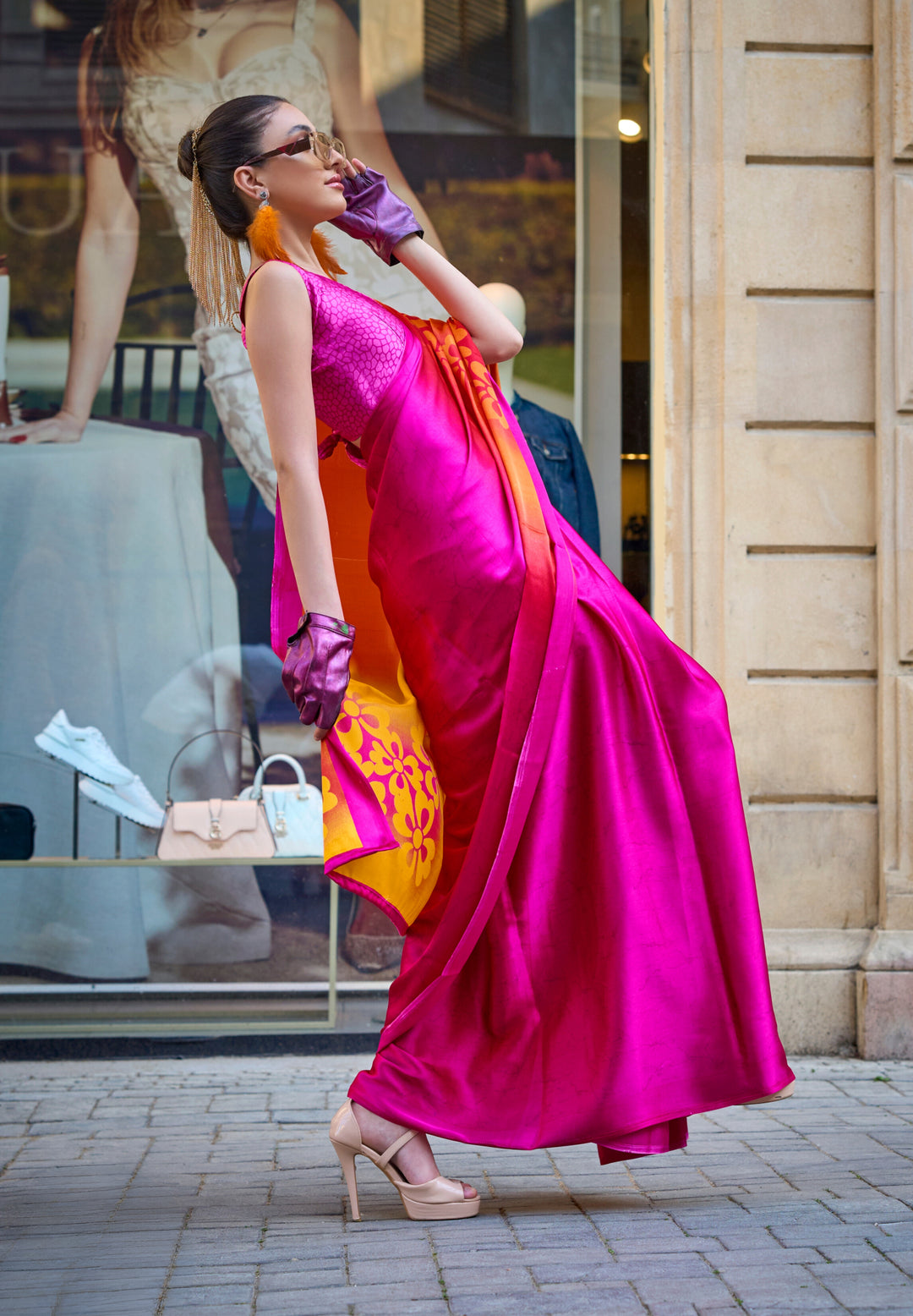  Beautiful traditional Indian saree in vibrant pink and orange hues with satin crepe fabric