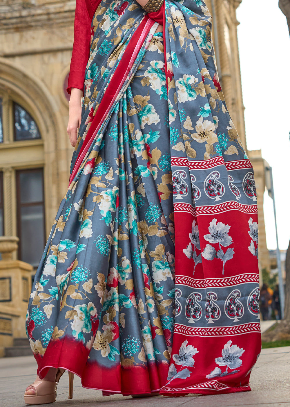 Grey & Red Contemporary Printed Satin Crepe Saree - qivii